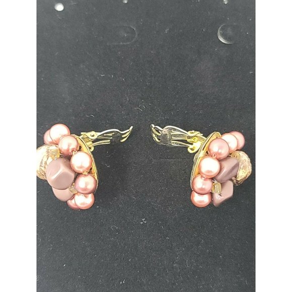 Vintage Clip On Japan Burgandy Brown Faux Pearl Bead Round Earring Set Gold Tone - Picture 5 of 12